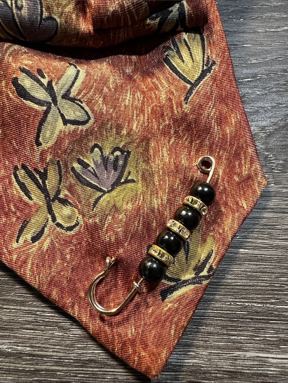 Lands' End Rust Orange Butterfly Necklace Tie with Crystal Leaf Brooch